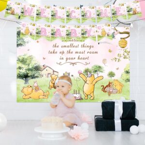 Classic Winnie Backdrop with Balloons Arch Kit for Girls Newborn Baby Shower Pink the Pooh Bear Themed Birthday Party Decorations 5x3ft Photography Background Tablecloth Banner Party Supplies