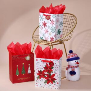 SUNCOLOR 3 Pack 13" Large Christmas Gift Bags with Tissue Paper