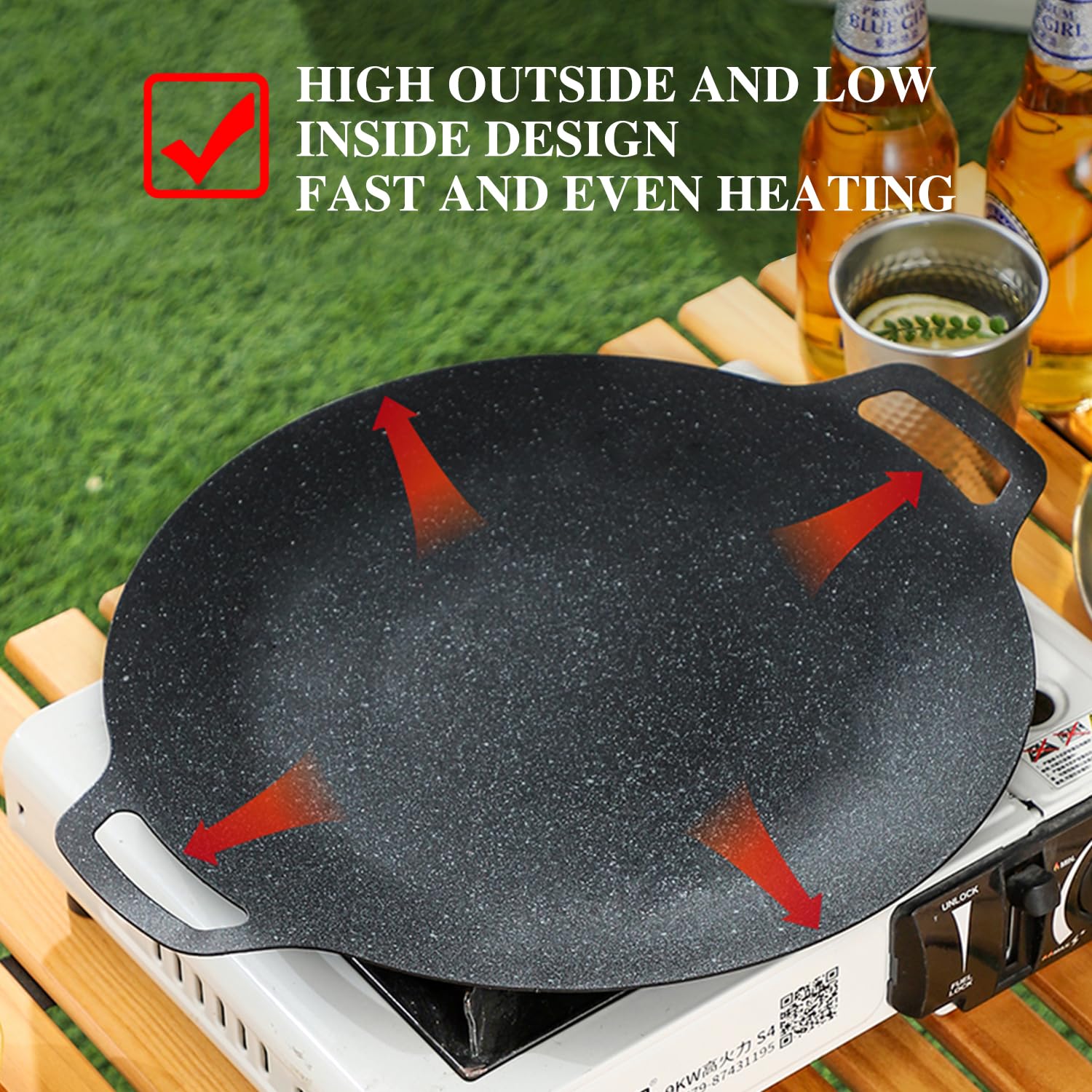 Dontaku Korean Grill Pan with 7 Layer Natural Coating, 32CM BBQ Griddle with Handle, Non-stick Grill Circular Frying Pan for Meats, Pancakes, Ribs, Home Outdoor Stove, Induction, Electric Cooktop