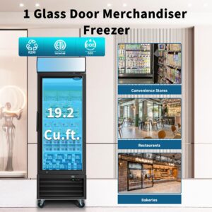 27" W Commercial Glass Door Merchandiser Freezers, Lockable Wheels, 19.3 Cu.ft Restaurant Freezers ETL Commercial Freezers with LED Top Panel Upright Freeze Storage