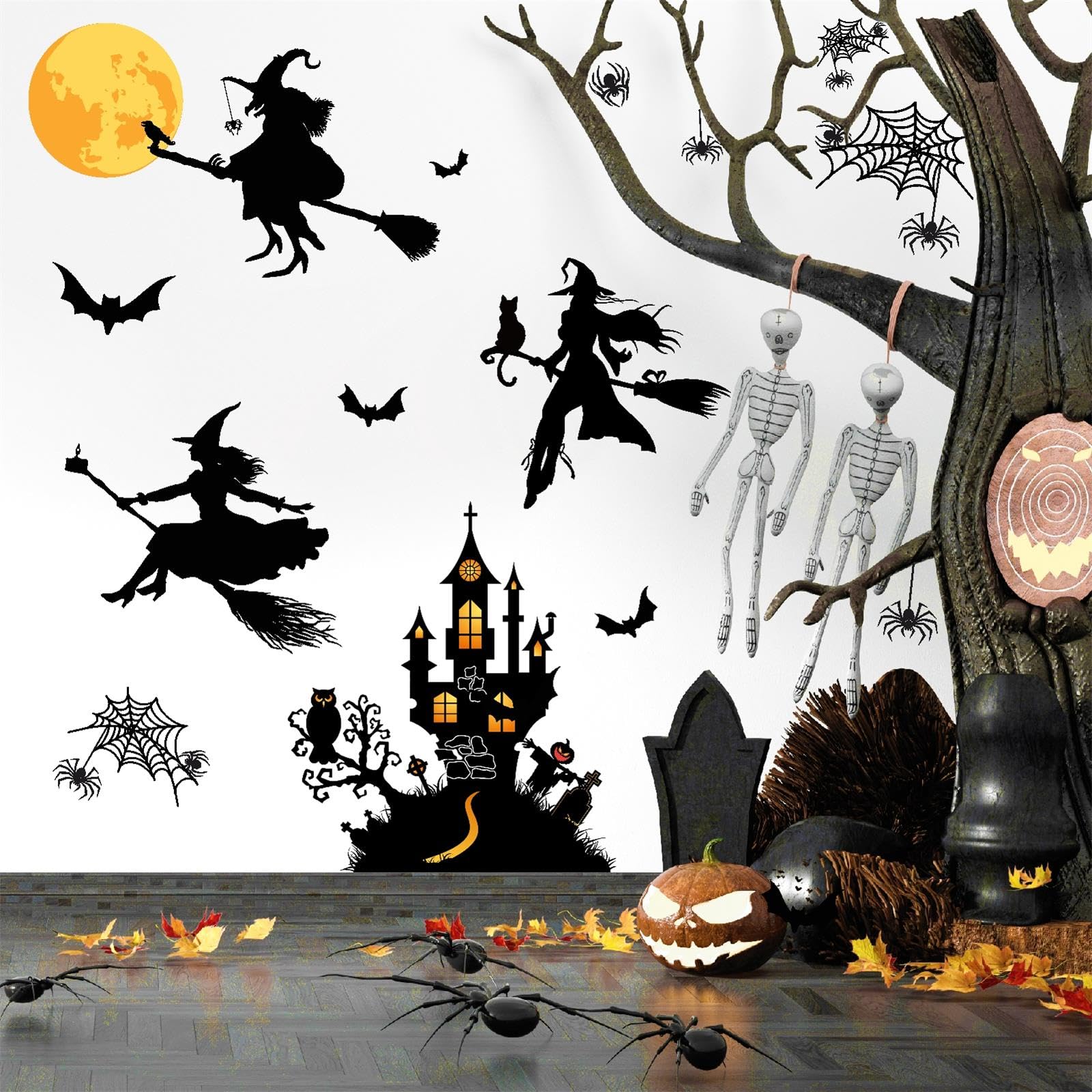 Halloween Decorations Decals Witches Wall Decor Black Bats Castle Stickers Halloween Wall Decal Peel and Stick Halloween Party Supplies Scary Spider Vinyl Sticker Art Murals for Home Window Door Decor