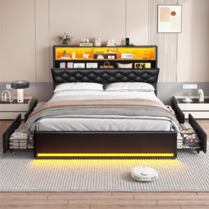 HAUOMS Queen Bed Frame with 3-Tier Headboard & Hidden Storage, Upholstered LED Bed Frame with 4 Drawers and Charging Station,Platform Metal Bed Frame with Storage, No Box Spring Needed, PU Black