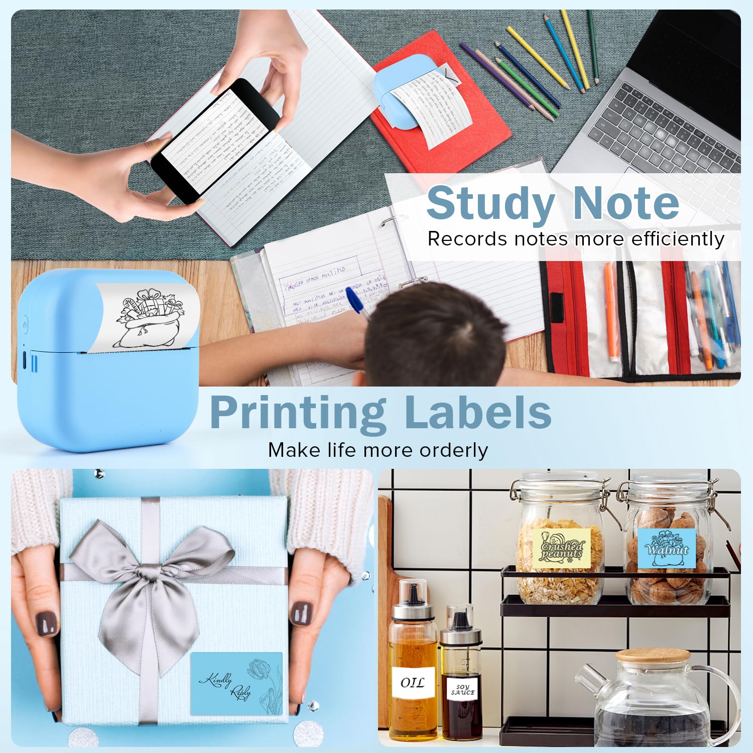 GYTBL Mini Printer with 13 Roll Sticker Paper, Portable Sticker Printer Efficiently and Quickly, Thermal Printer for Study Notes, Pictures, DIY, Label, Free App with Multiple Templates Printer