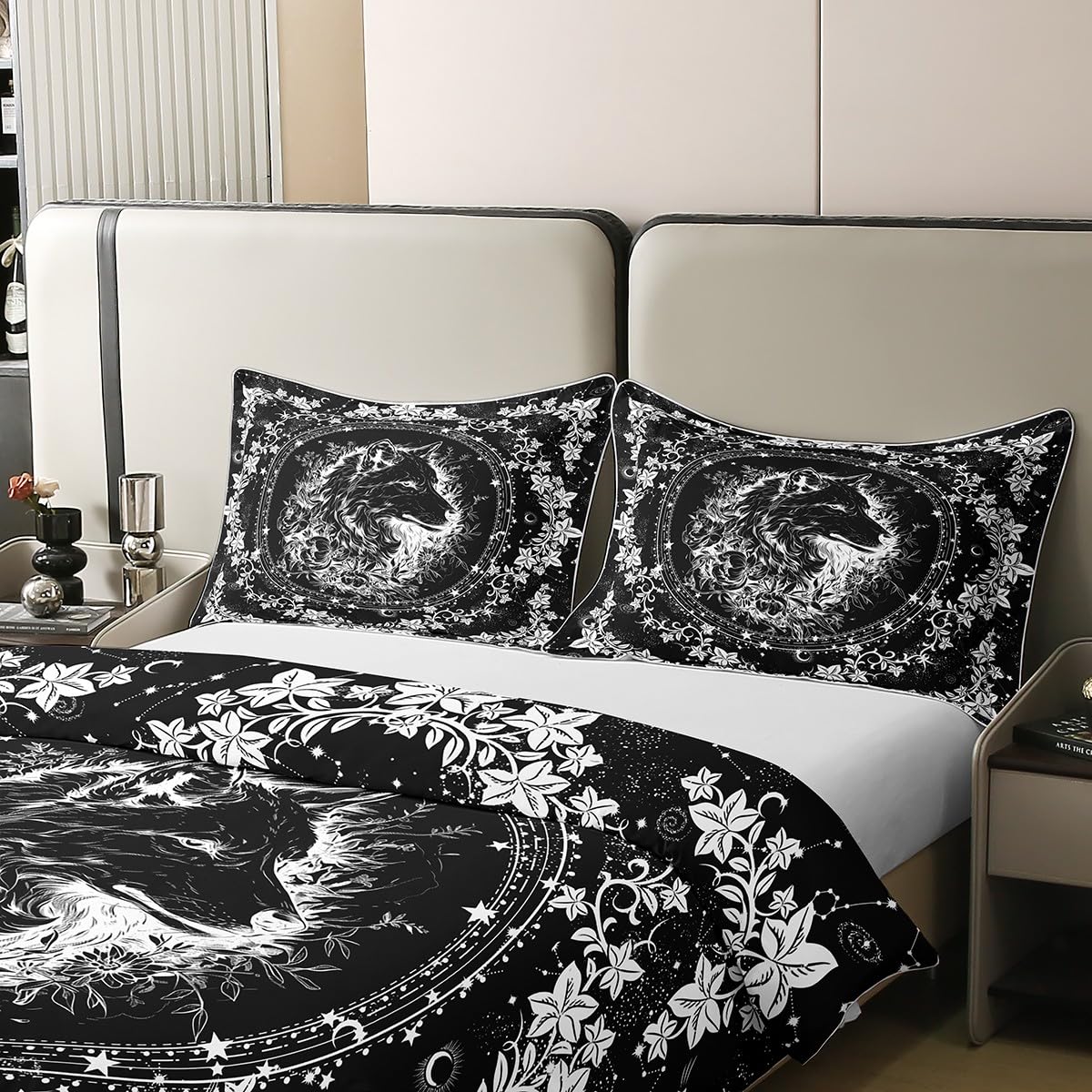 Feelyou Boho Exotic Wolf Bedding Set for Boys Kids King Sun Moon Comforter Cover Set Room Decorative Bohemian Wild Animals Theme 100% Cotton Duvet Cover Galaxy Floral Bedspread Cover 3Pcs Bedclothes