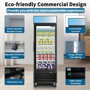 27" W Commercial Glass Door Merchandiser Freezers, Lockable Wheels, 19.3 Cu.ft Restaurant Freezers ETL Commercial Freezers with LED Top Panel Upright Freeze Storage