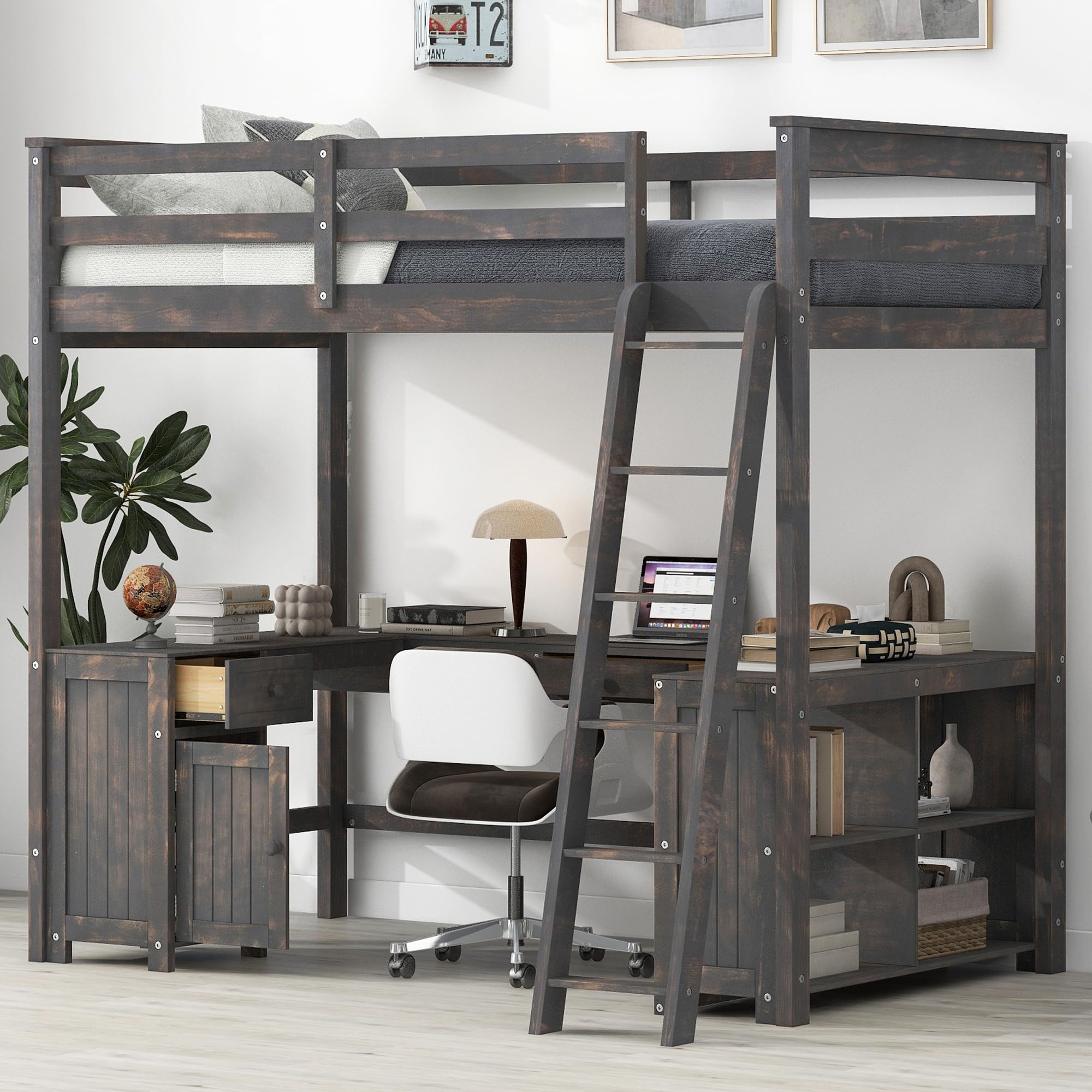 Merax Full Size Loft Bed, Wood Full Loft Bed Frame with U-Shaped Desk, Cabinet, Drawers and Storage Shelves, Antique Brown