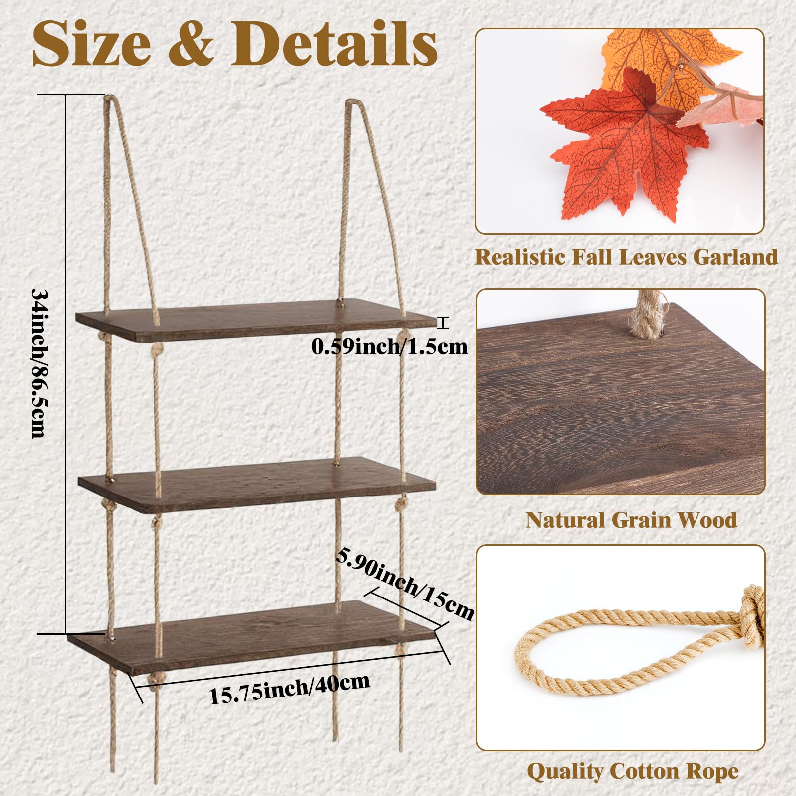 3-Tier Macrame Hanging Shelf for Wall Decor, Wooden Lighted Hanging Shelves with Fall Artificial Maple Leaves Boho Room Decor Aesthetic Wall Storage Floating Shelves for Bedroom Living Room Farmhouse