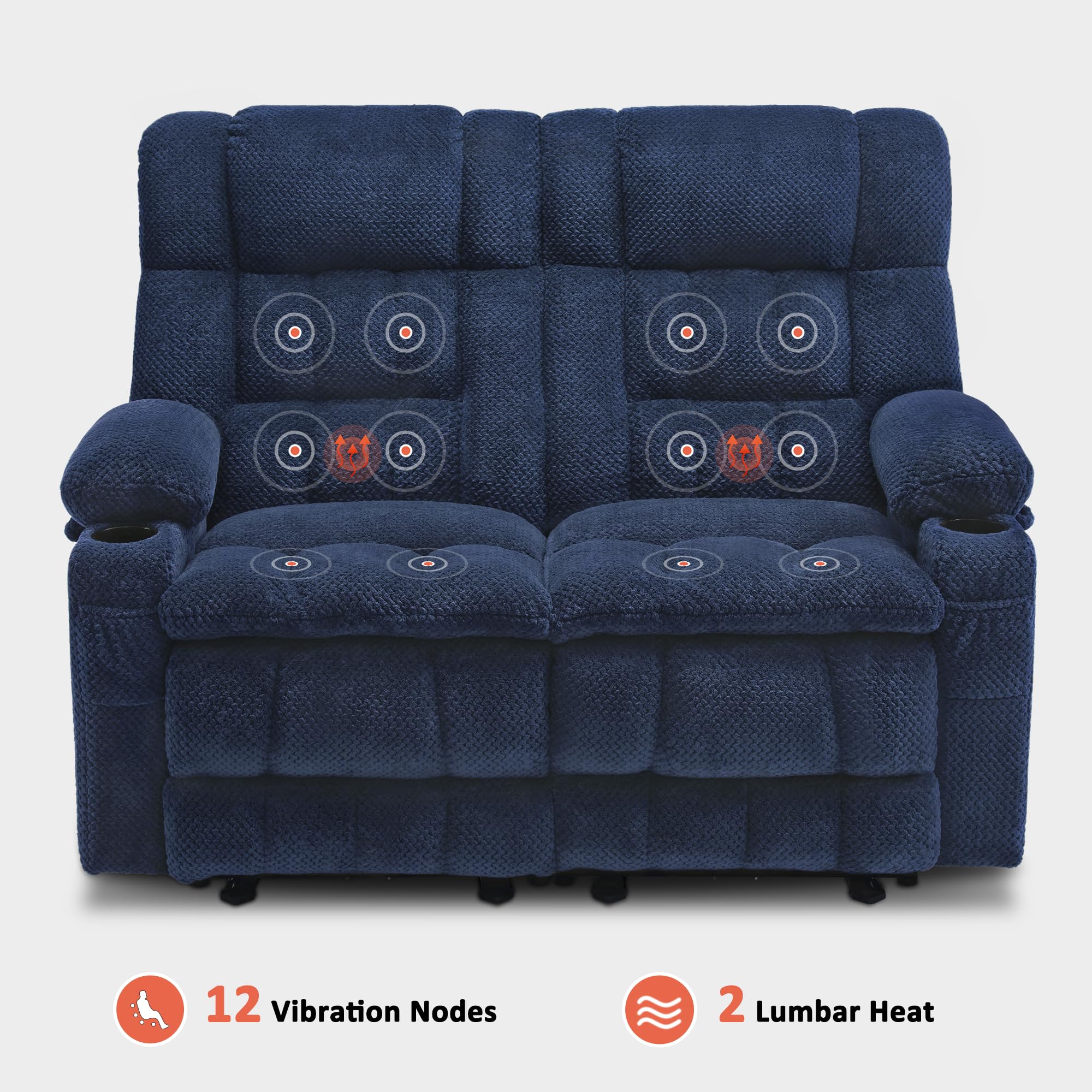 MCombo 57" Power Loveseat Recliner, Electric Reclining Loveseat Sofa with Heat and Vibration, Cupholders, USB Charge Ports for Living Room RS6314 (Navy Blue)