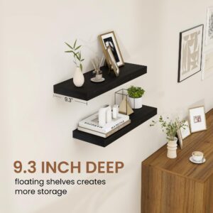 Black Floating Shelves for Wall, 9 Inch Deep Floating Shelves Set of 2, 24 Inch Long Solid Wood Wall Mounted Shelves for Books Living Room Bedroom Kitchen Home Office, 24"W x 9.3"D x 1.6"H