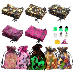 qpretty du 100pcs halloween organza gif bags set, 25pcs glow in the dark resin figures,25pcs tattoo sticker,black drawstring gift bags,4×6 mesh candy gift bags for halloween party favors set