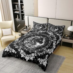 Feelyou Boho Exotic Wolf Bedding Set for Boys Kids King Sun Moon Comforter Cover Set Room Decorative Bohemian Wild Animals Theme 100% Cotton Duvet Cover Galaxy Floral Bedspread Cover 3Pcs Bedclothes