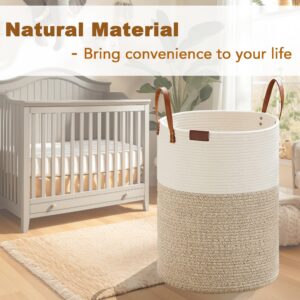 Loyareal Large Laundry Hamper 60L, Woven Cotton Rope Laundry Basket with Leather Handle, Dirty Clothes Blanket Toy Storage Basket for Living Room Bedroom Nursery, Brown