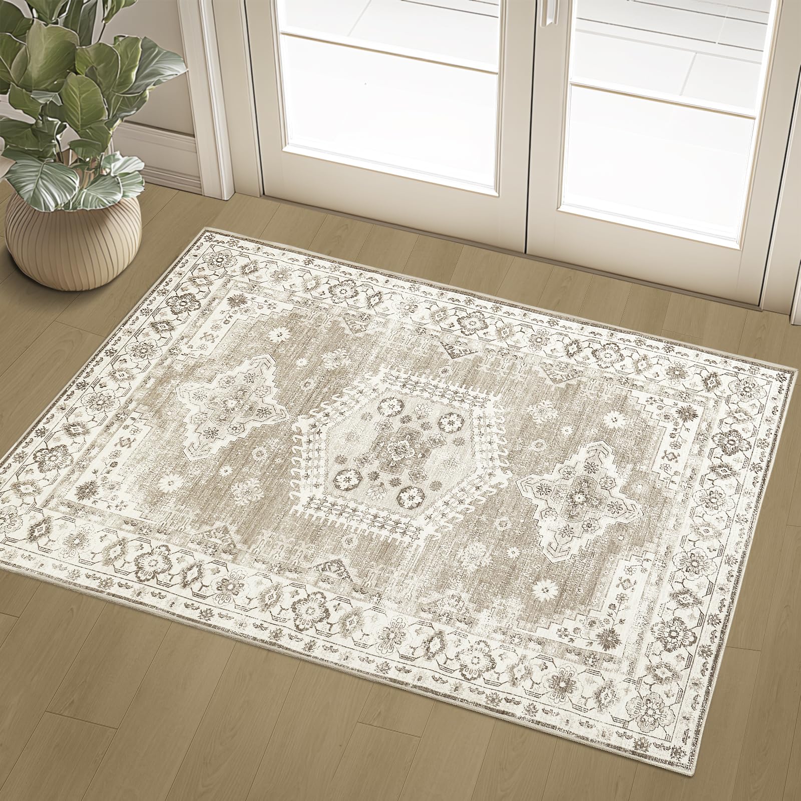 Diskoll Area Rug 2x3 Entryway Rug, Washable Indoor Door Mat, Low Pile Throw Rugs, Non-Slip Small Rug, for Entryway, Kitchen, Front Door Indoor Entrance, Entry, Bathroom, Kids Room(Beige)