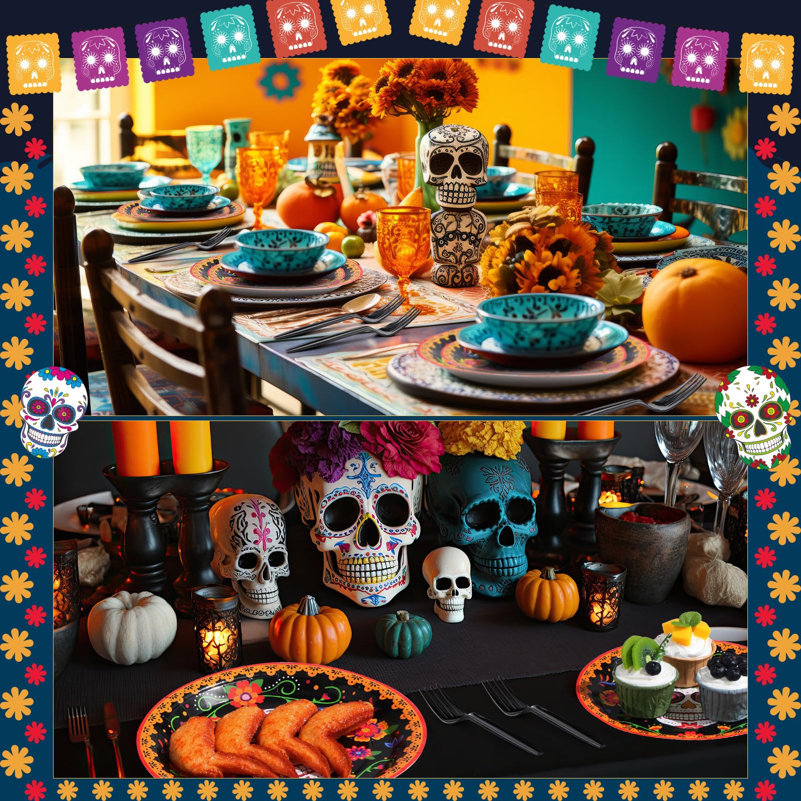 Yungyan 180 Pcs Day of the Dead Plates and Forks Dia De Los Muertos Plates 7 Inch and 9 Inch Sugar Dessert Skull Plates for Party Decorations Supplies (Marigold Flower Pattern)