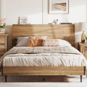 LINSY Queen Wood Bed Frame with Ergonomic Headboard, Bed Frame Queen with Storage Shelf, Noise-Free, No Box Spring Needed - Brown