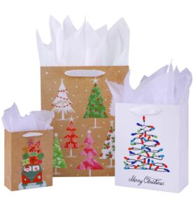 suncolor 9 pack christmas gift bags assorted sizes with tissue paper (3 large 13", 3 medium 9", 3 small 6",brown)