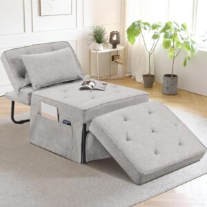 sleeper ottoman bed chair, 4 in 1 folding ottoman chair bed with adjustable backrest & pillow, multi-function futon couch no assembly for small space living room apartment office, 28"width light grey