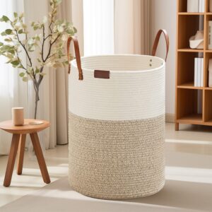 loyareal large laundry hamper 60l, woven cotton rope laundry basket with leather handle, dirty clothes blanket toy storage basket for living room bedroom nursery, brown