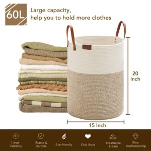 Loyareal Large Laundry Hamper 60L, Woven Cotton Rope Laundry Basket with Leather Handle, Dirty Clothes Blanket Toy Storage Basket for Living Room Bedroom Nursery, Brown