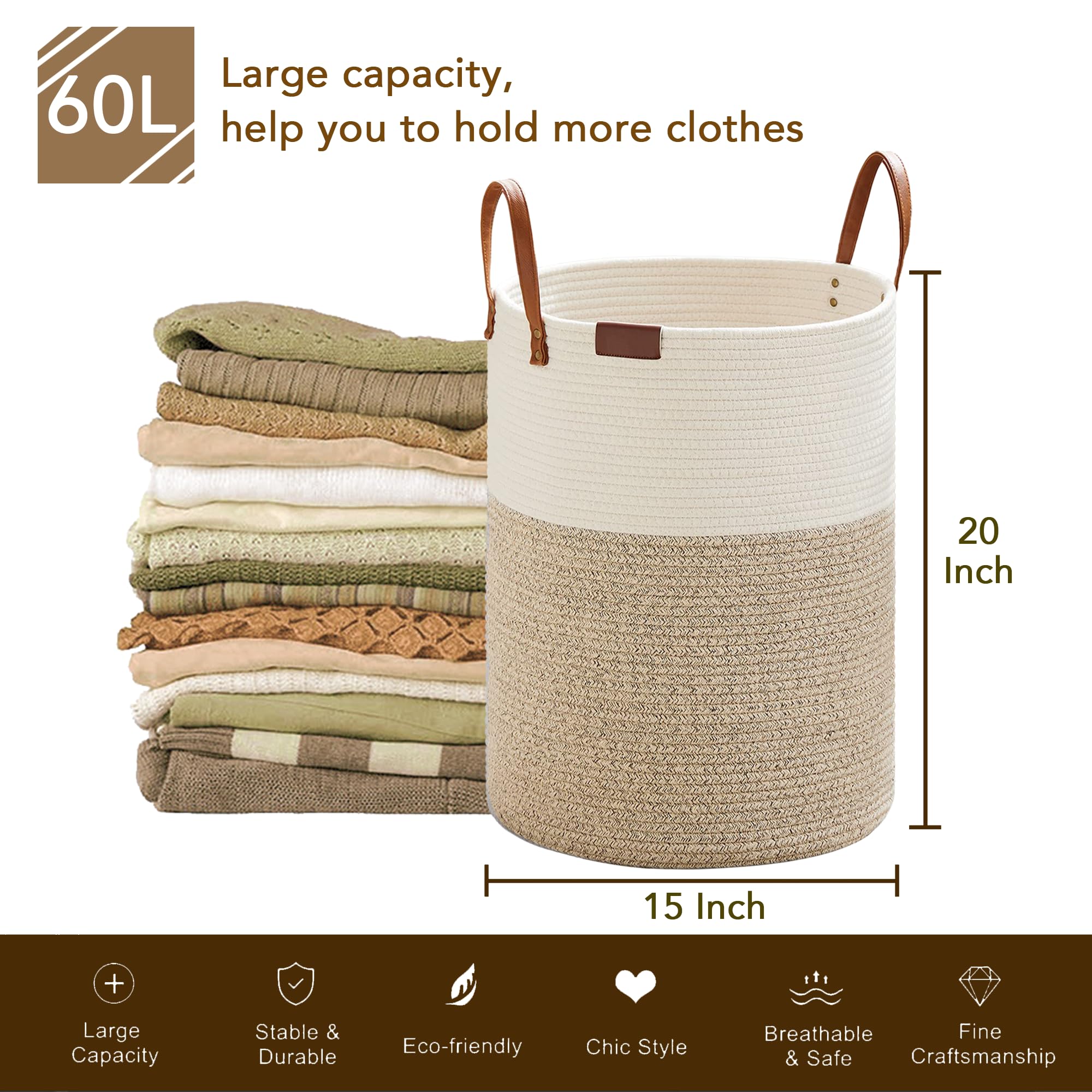 Loyareal Large Laundry Hamper 60L, Woven Cotton Rope Laundry Basket with Leather Handle, Dirty Clothes Blanket Toy Storage Basket for Living Room Bedroom Nursery, Brown