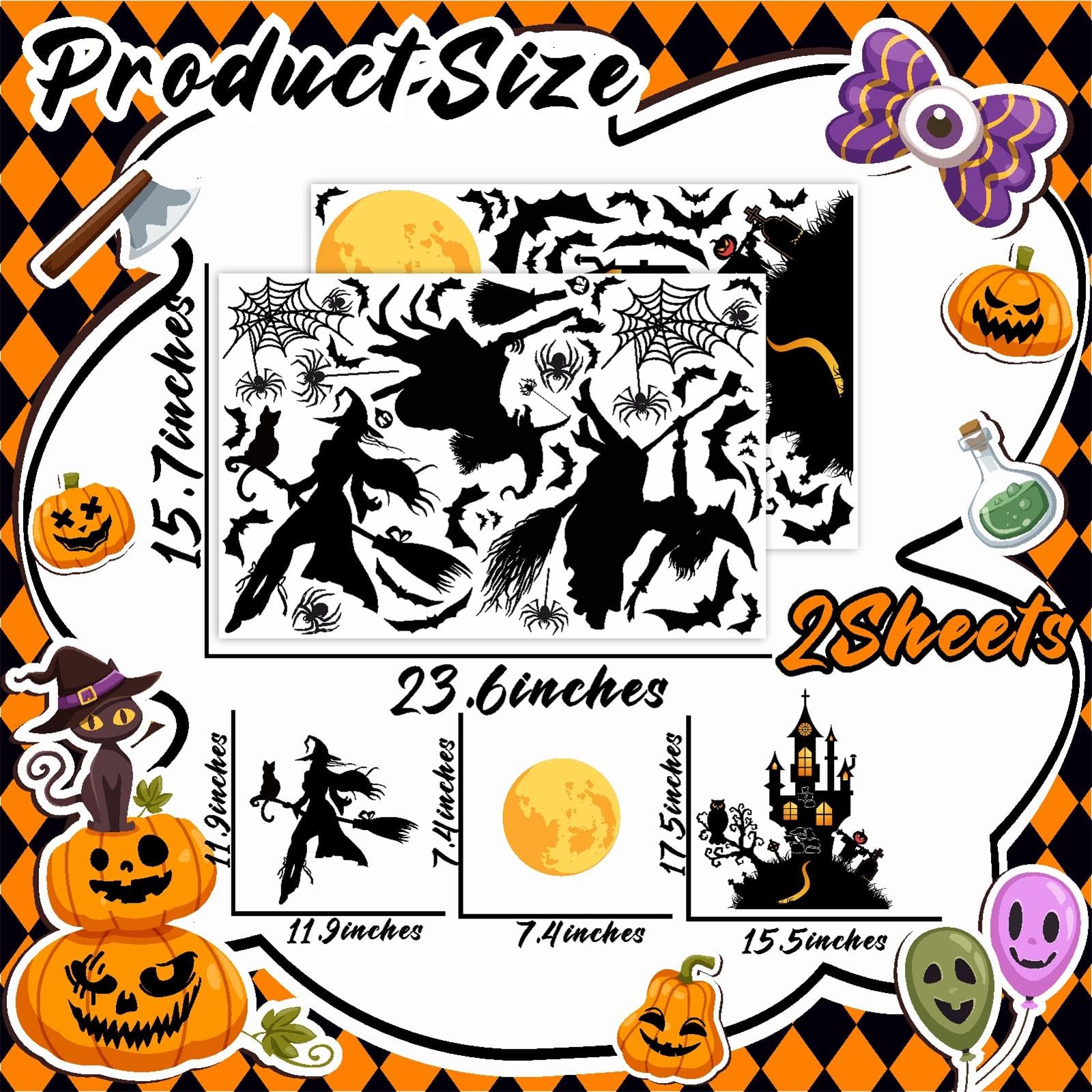 Halloween Decorations Decals Witches Wall Decor Black Bats Castle Stickers Halloween Wall Decal Peel and Stick Halloween Party Supplies Scary Spider Vinyl Sticker Art Murals for Home Window Door Decor