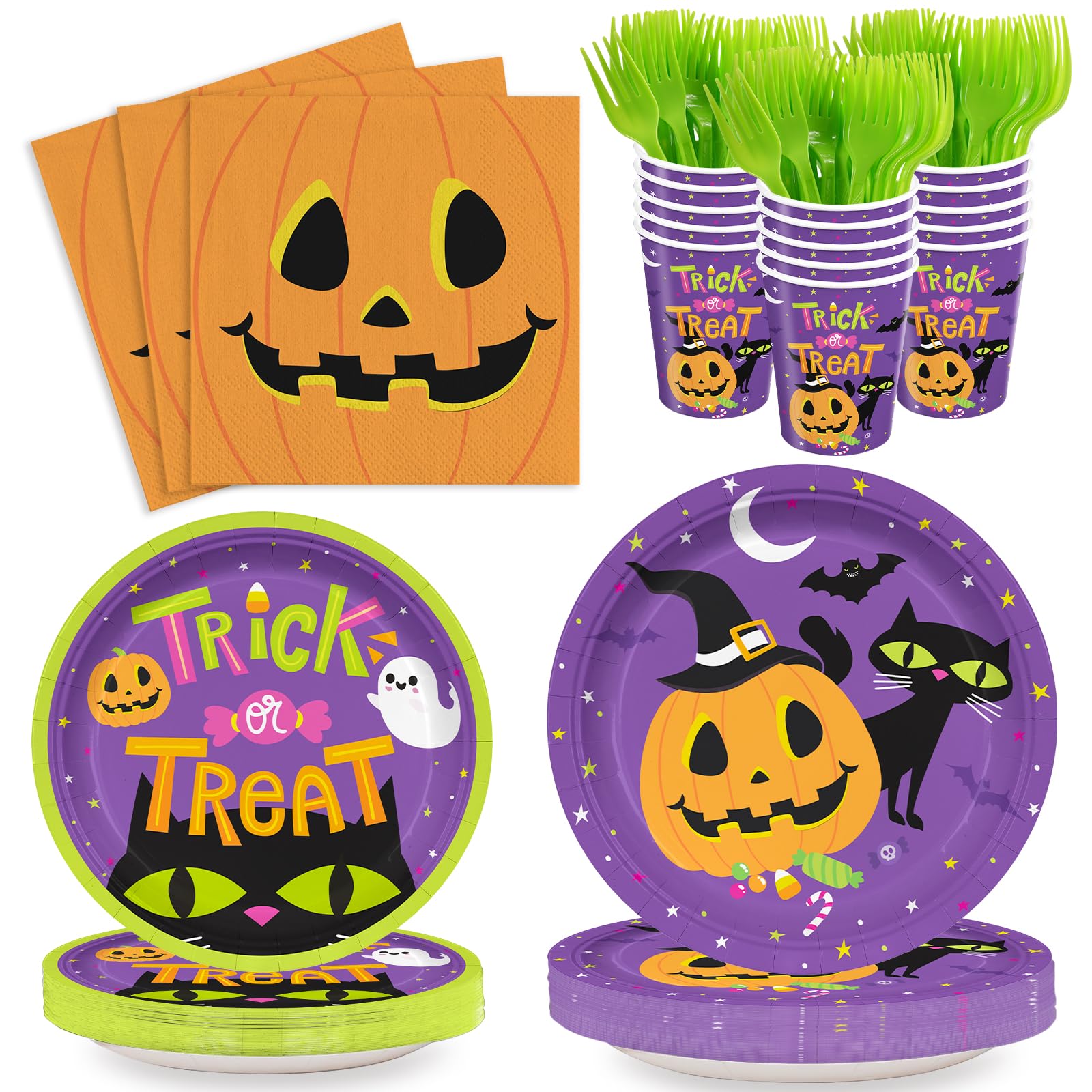 AGoooodySet 120pcs Halloween Party Supplies Trick Or Treat Plates Napkins Paper Cups Green Disposable Forks Tableware Set Halloween Party Supplies Sever 24 Guests