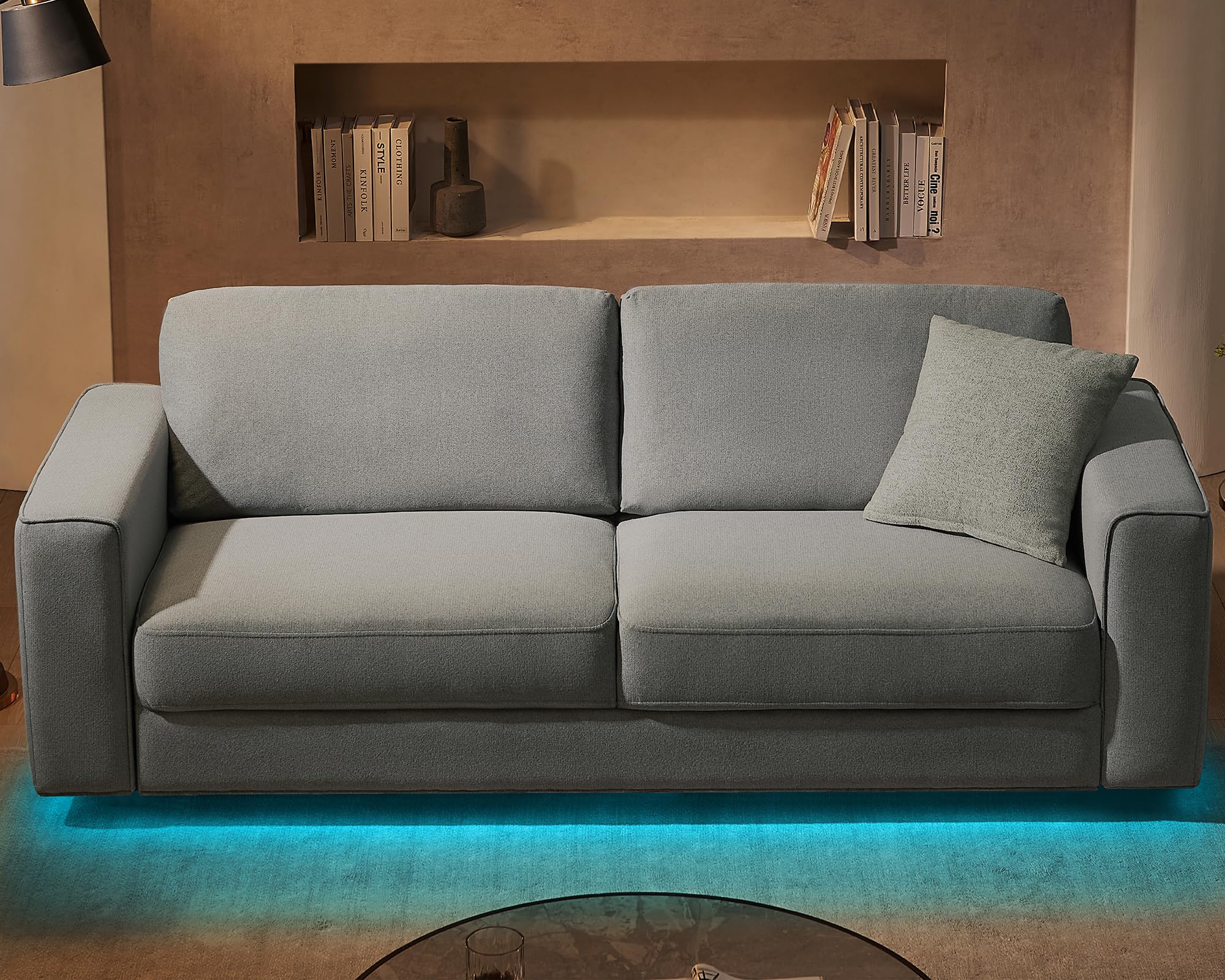 VanAcc Modern Sofa, 89 inch 3 Seater Sofa with LED Light, Floating Sofa Couch for Living Room, Linen Grey Oversized Couch