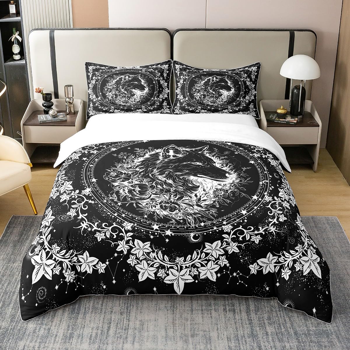 Feelyou Boho Exotic Wolf Bedding Set for Boys Kids King Sun Moon Comforter Cover Set Room Decorative Bohemian Wild Animals Theme 100% Cotton Duvet Cover Galaxy Floral Bedspread Cover 3Pcs Bedclothes