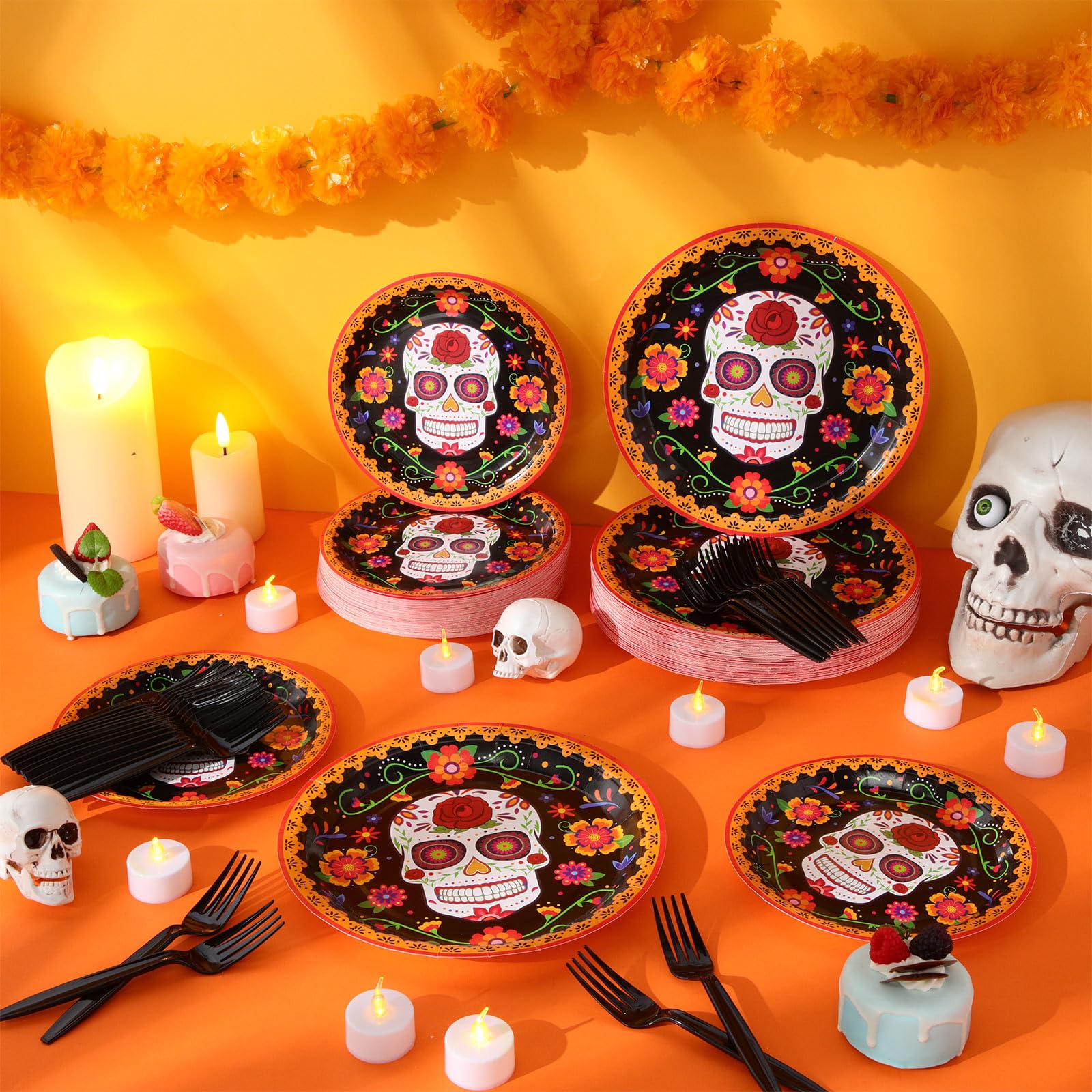 Yungyan 180 Pcs Day of the Dead Plates and Forks Dia De Los Muertos Plates 7 Inch and 9 Inch Sugar Dessert Skull Plates for Party Decorations Supplies (Marigold Flower Pattern)