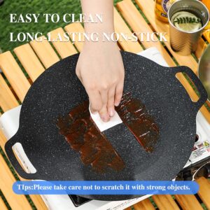 Dontaku Korean Grill Pan with 7 Layer Natural Coating, 32CM BBQ Griddle with Handle, Non-stick Grill Circular Frying Pan for Meats, Pancakes, Ribs, Home Outdoor Stove, Induction, Electric Cooktop