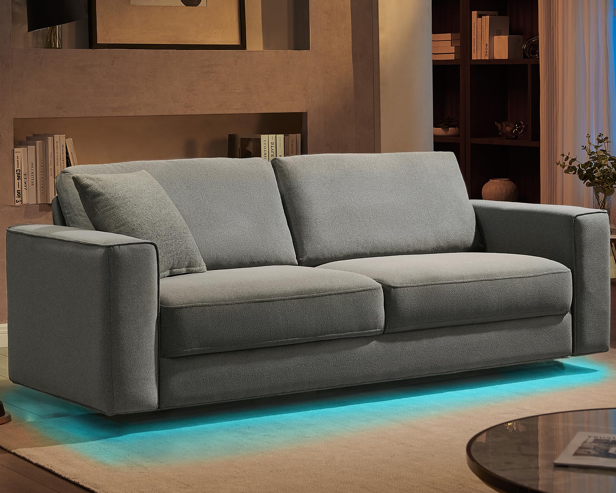 VanAcc Modern Sofa, 89 inch 3 Seater Sofa with LED Light, Floating Sofa Couch for Living Room, Linen Grey Oversized Couch