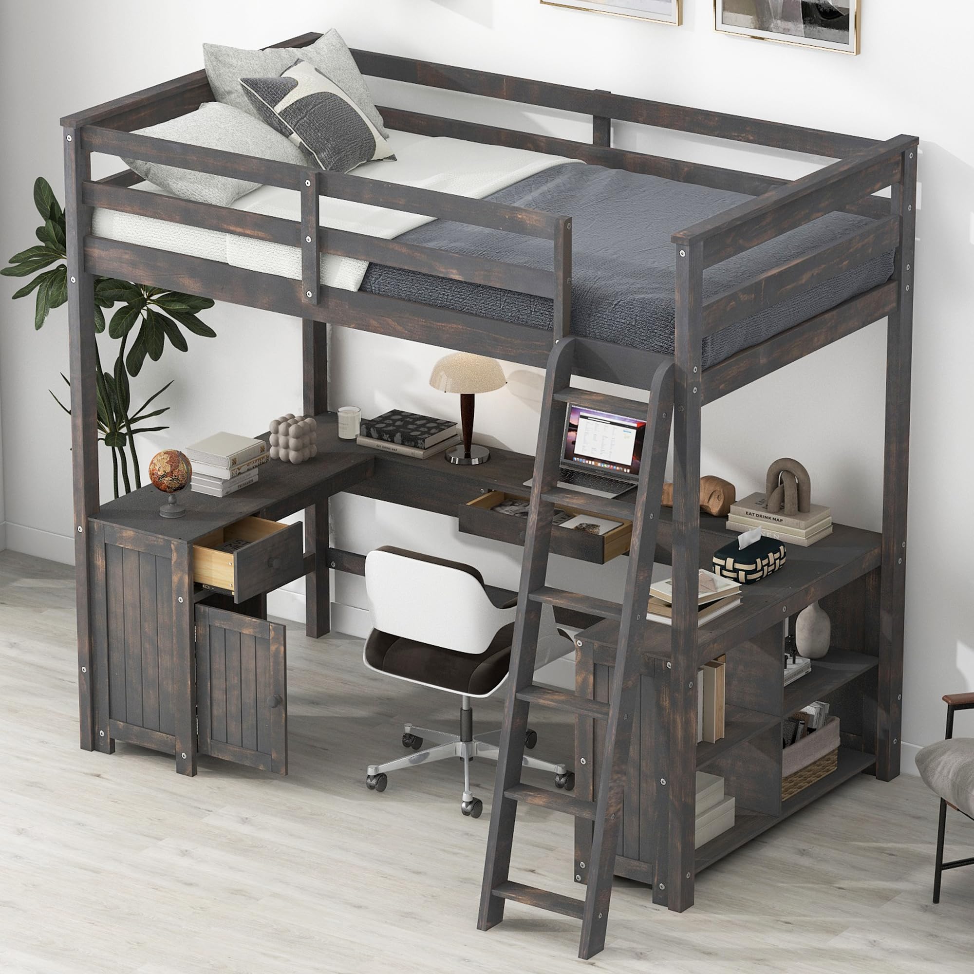 Merax Full Size Loft Bed, Wood Full Loft Bed Frame with U-Shaped Desk, Cabinet, Drawers and Storage Shelves, Antique Brown