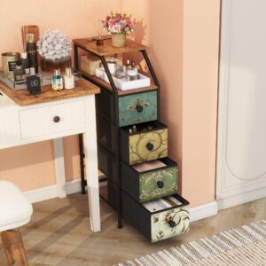 Tohomeor Narrow Dresser Tall Skinny Storage Tower Vertical Slim Chest of Drawers with Charging Station Small Nightstand Side Table for Bedroom, Bathroom, Small Spaces (Retro Flower, 4 Drawers)