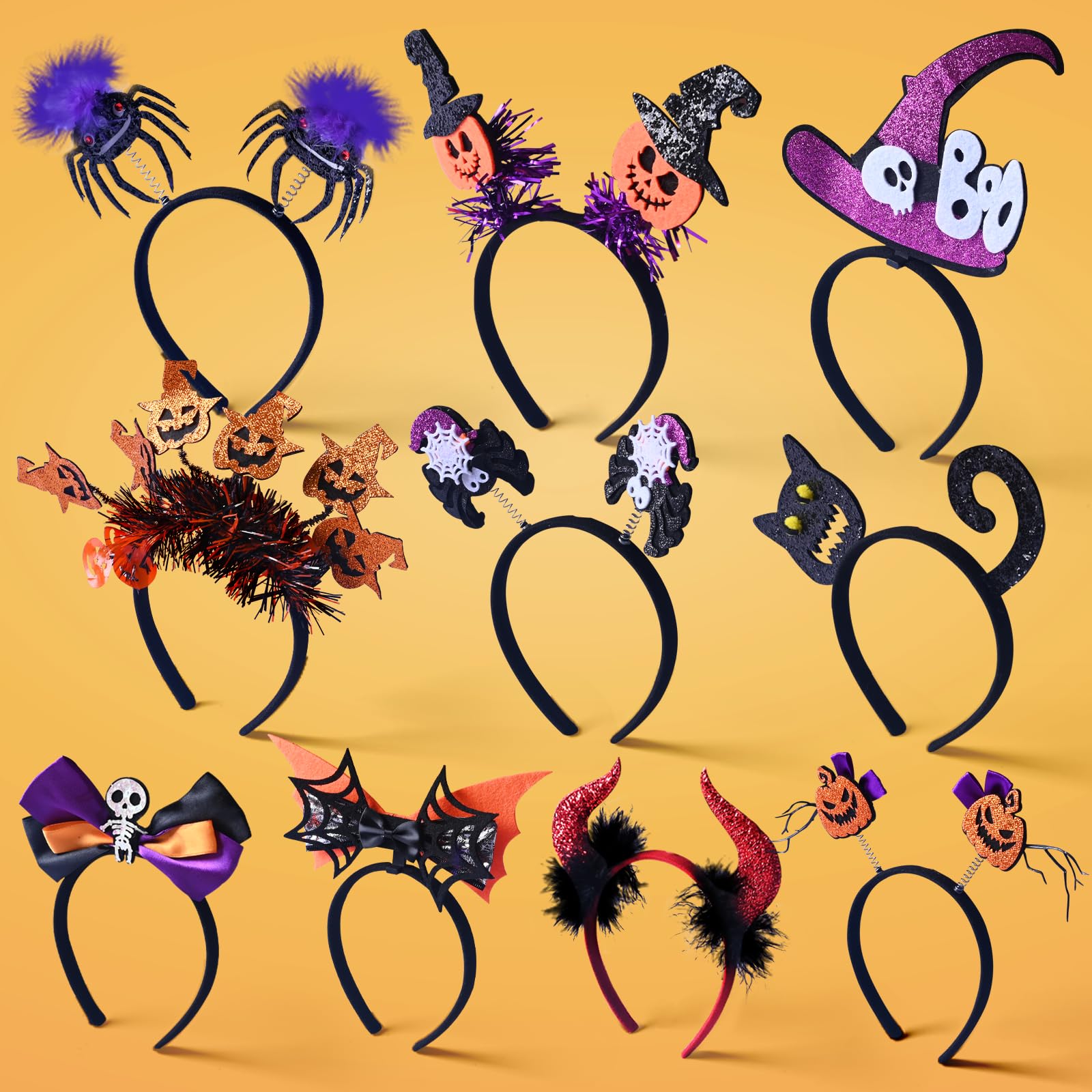 Mega-L 10 Pcs Halloween Headband, Halloween Party Favors Witch Hat, Pumpkin, Spiderweb Glittering Headband Supplies Headwear Photo Booth Props for Women Adult Cosplay Costume Party (One Size Fits All)