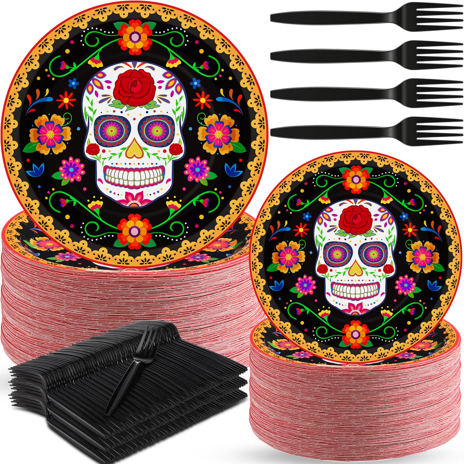 Yungyan 180 Pcs Day of the Dead Plates and Forks Dia De Los Muertos Plates 7 Inch and 9 Inch Sugar Dessert Skull Plates for Party Decorations Supplies (Marigold Flower Pattern)