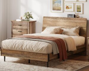 linsy queen wood bed frame with ergonomic headboard, bed frame queen with storage shelf, noise-free, no box spring needed - brown