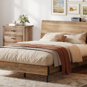 LINSY Queen Wood Bed Frame with Ergonomic Headboard, Bed Frame Queen with Storage Shelf, Noise-Free, No Box Spring Needed - Brown