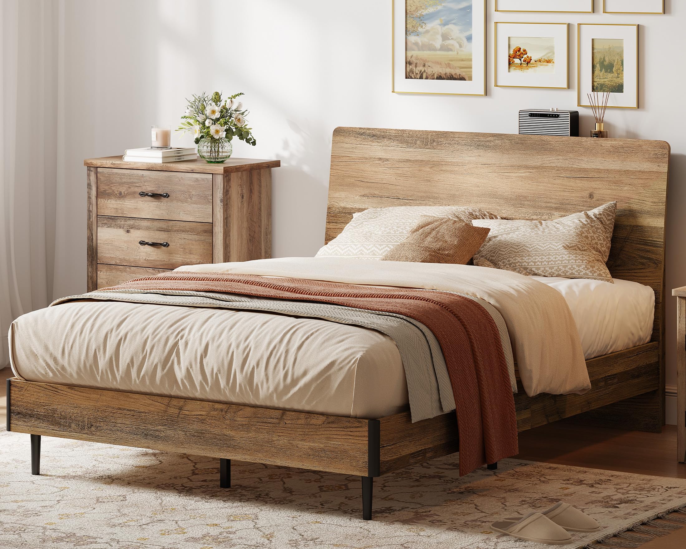 LINSY Queen Wood Bed Frame with Ergonomic Headboard, Bed Frame Queen with Storage Shelf, Noise-Free, No Box Spring Needed - Brown