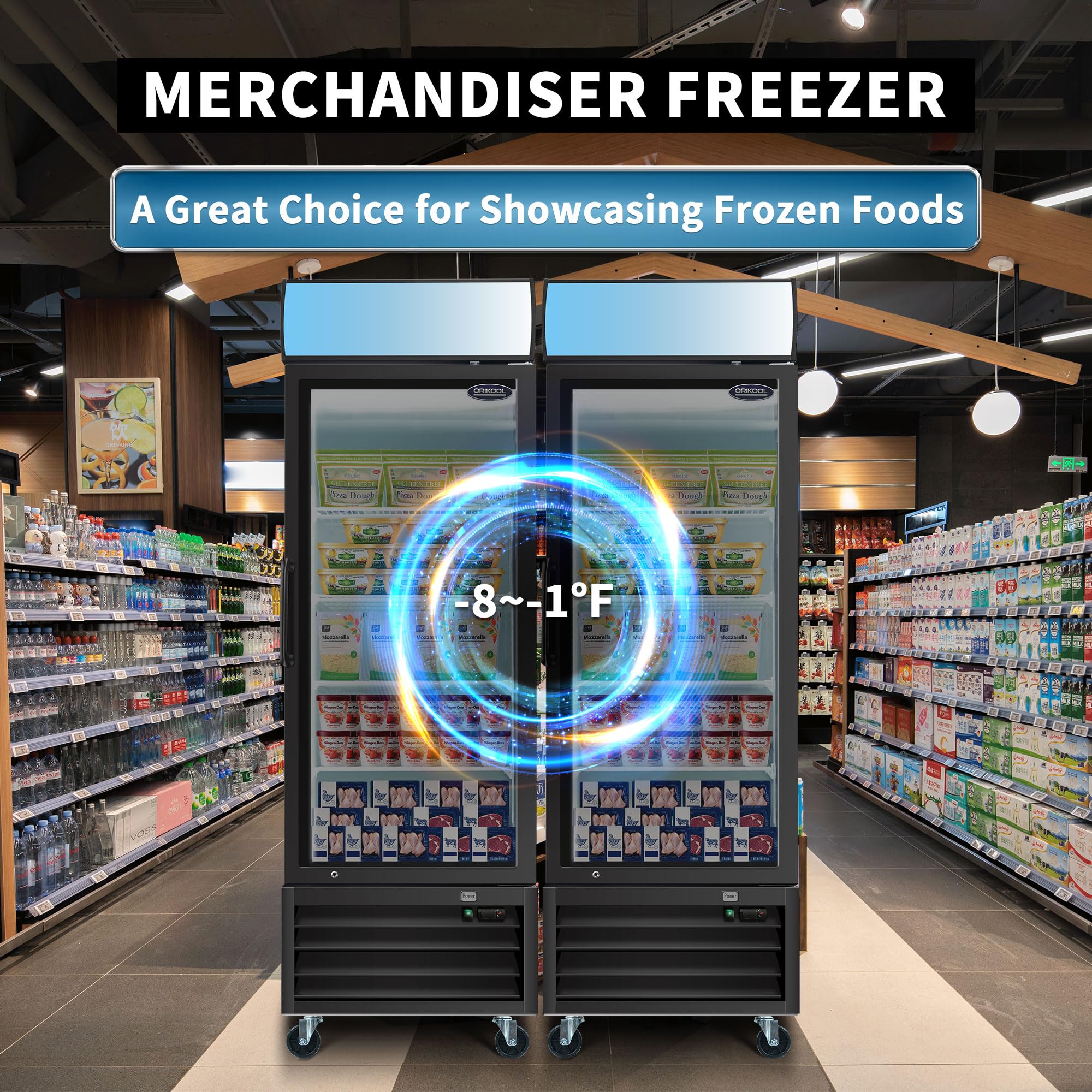 27" W Commercial Glass Door Merchandiser Freezers, Lockable Wheels, 19.3 Cu.ft Restaurant Freezers ETL Commercial Freezers with LED Top Panel Upright Freeze Storage