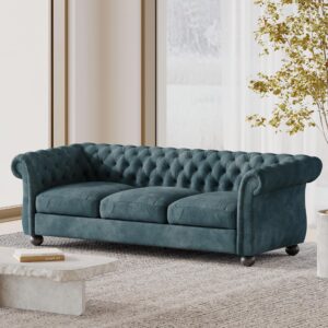 elegant tufted fabric sofa couch, chesterfield 3-seater sofa with high-density cushion, removable cushions and covers, luxurious scrolled arms upholstered sofa for living room, office, apartment