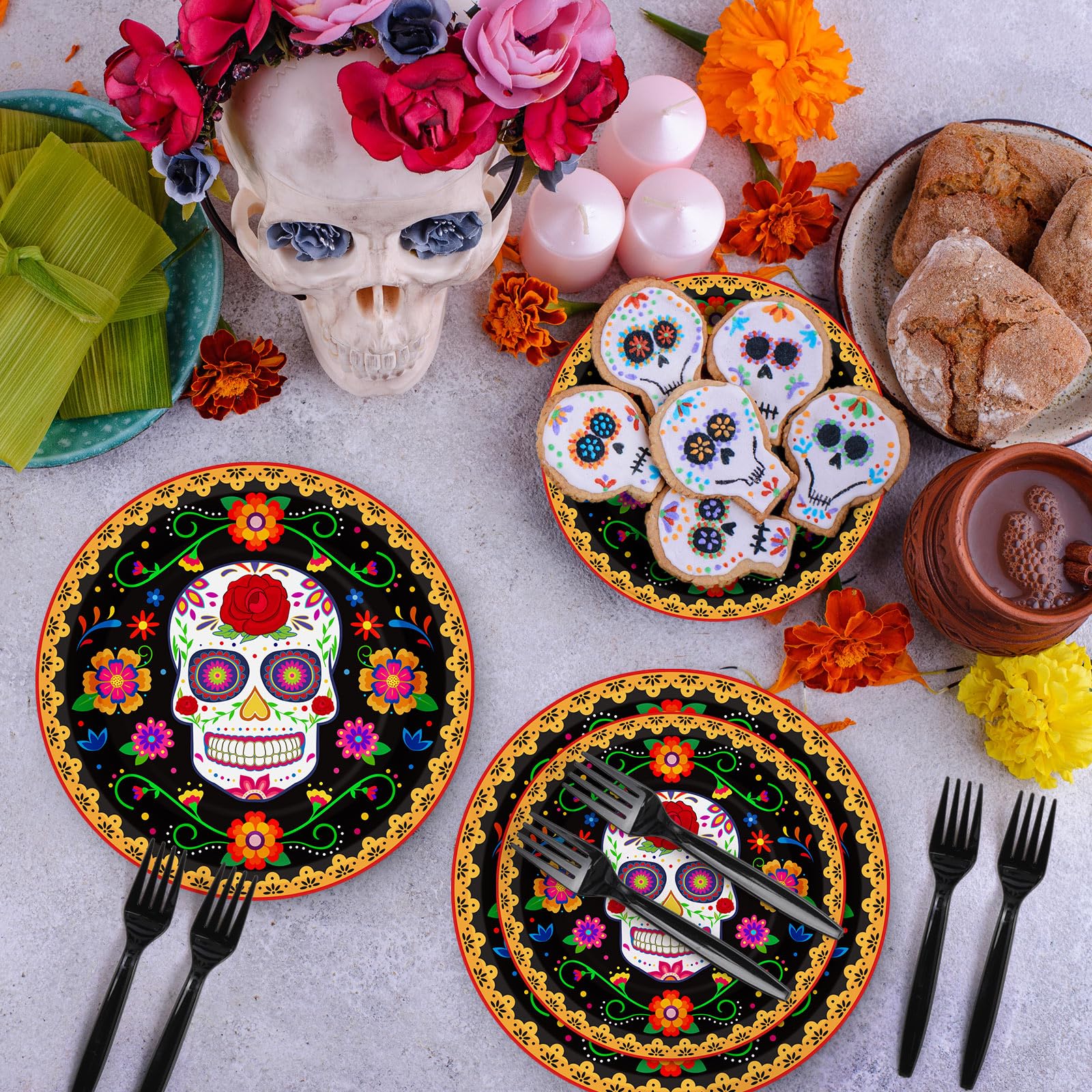 Yungyan 180 Pcs Day of the Dead Plates and Forks Dia De Los Muertos Plates 7 Inch and 9 Inch Sugar Dessert Skull Plates for Party Decorations Supplies (Marigold Flower Pattern)