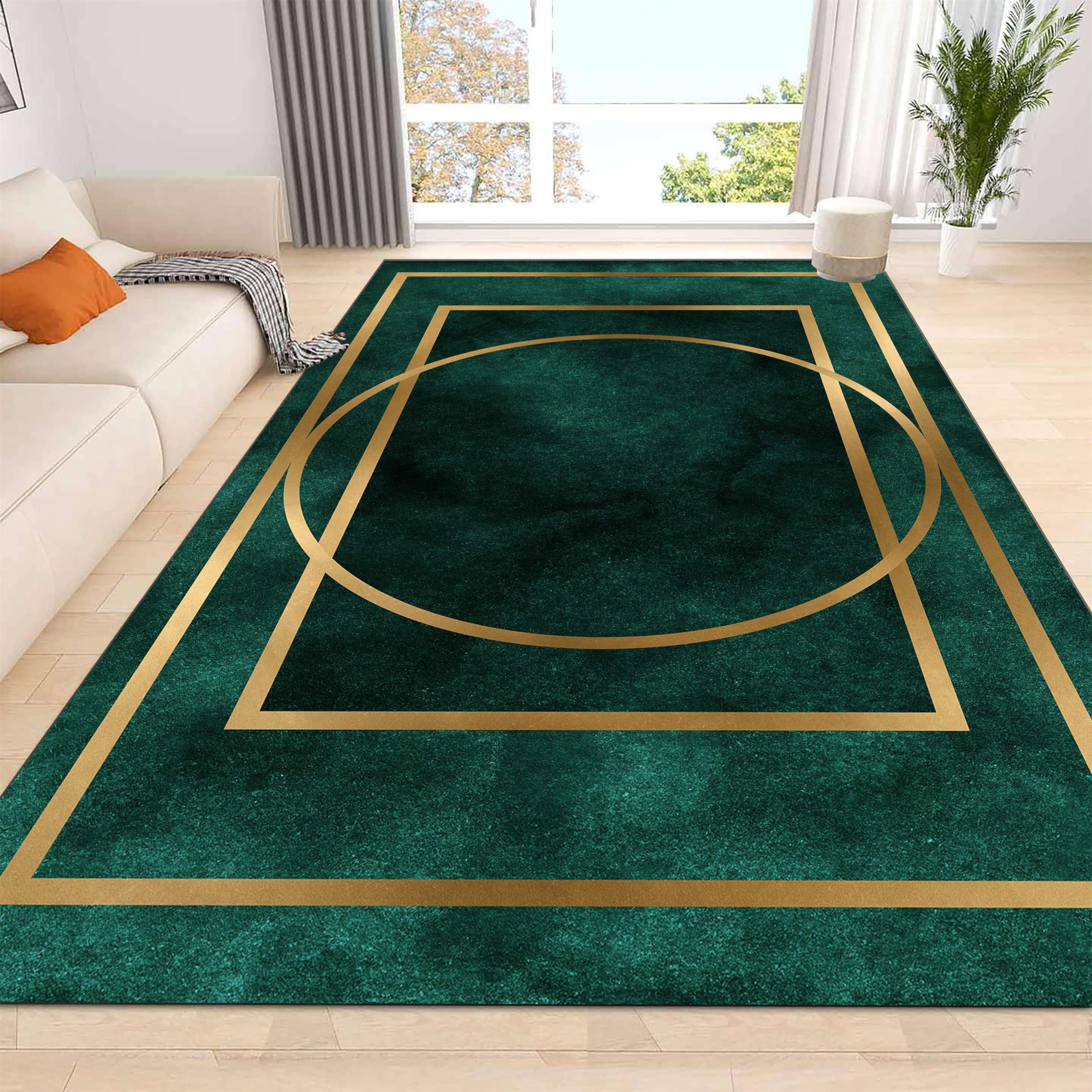 rugylsf Area Rugs Non-Slip Washable Entrance Rugs Gold Round Rectangle Border Emerald Green Marble Textured Area Rugs Bedroom Dining Room Office Decor Kitchen Rugs 2x5ft