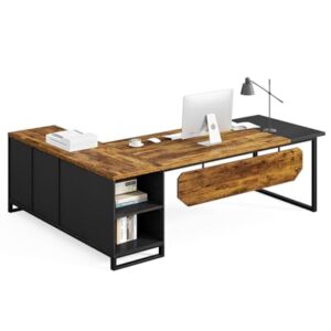 LITTLE TREE 70.8 Inches Executive Desk and 55 Inches File Cabinet Combo, Large L Shaped Computer Desk with Storage Cabinet and Shelves, Modern Business Furniture for Home Office, Rustic Brown & Black