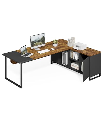 LITTLE TREE 70.8 Inches Executive Desk and 55 Inches File Cabinet Combo, Large L Shaped Computer Desk with Storage Cabinet and Shelves, Modern Business Furniture for Home Office, Rustic Brown & Black