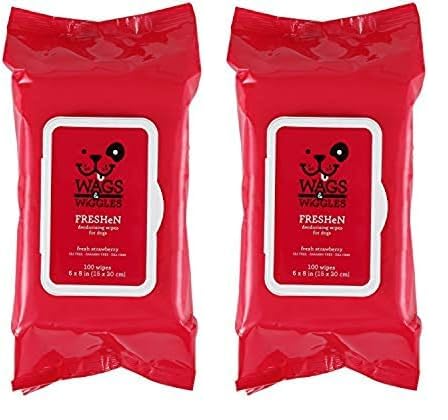 Wags & Wiggles Freshen Deodorizing Wipes for Dogs | Eliminate Odors from Your Dog's Coat | Fresh Strawberries, 100 Count | Easy and Convenient Way to Freshen Your Pet Without A Bath, FF12825