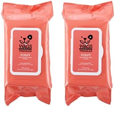 Wags & Wiggles Purify Hypoallergenic Wipes for Dogs | Gently Clean & Condition Your Dog's Coat Without A Bath | Zesty Grapefruit Scent Your Dog Will Love, 100 Count (Pack of 2)