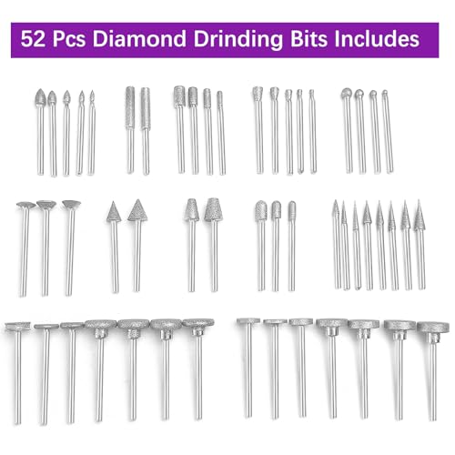 Stone Carving Set Diamond Grinding Bit Compatible with Dremel, 52Pcs Polishing Kit Diamond Bits 1/8" (3mm) Shank Accessories for Stone Glass Ceramics Carving, Polishing, Grinding