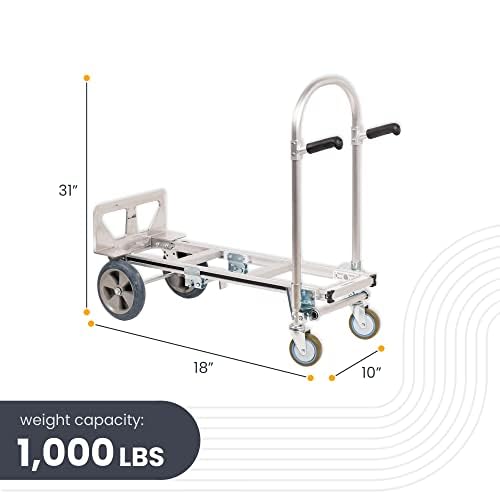 HaulPro Junior Heavy Duty Convertible Hand Truck with Double Grip Handles-Aluminum Dolly Cart for Moving- 1,000 LB Capacity-Converts from Hand Truck to Platform Push Cart-52 Lx41 Wx44 H (UNASSEMBLED)