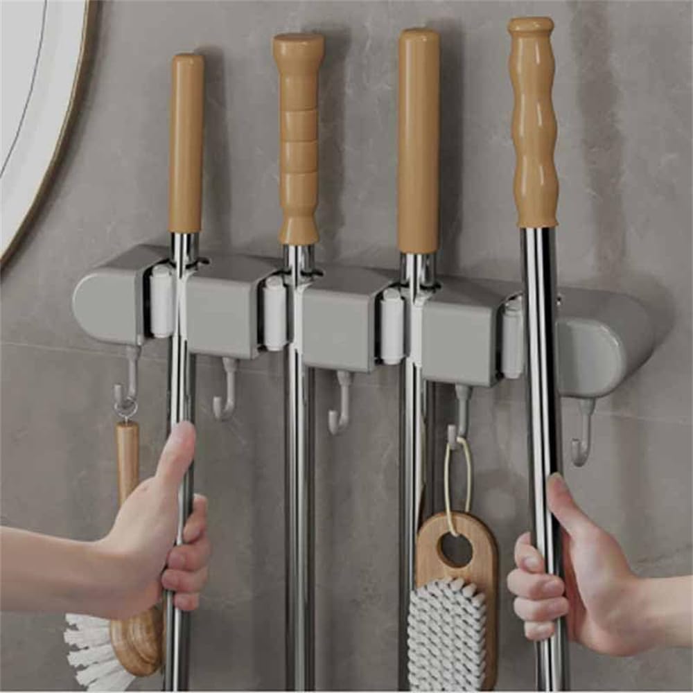 Flaviau Punch Free Multifunctional Mop Holder, 2024 New Mop and Broom Holder Wall Mount, Heavy Duty Self Adhesive Mop Holder Wall Mounted, Non-Slip Solid for Home Kitchen Garden (1, White (B))