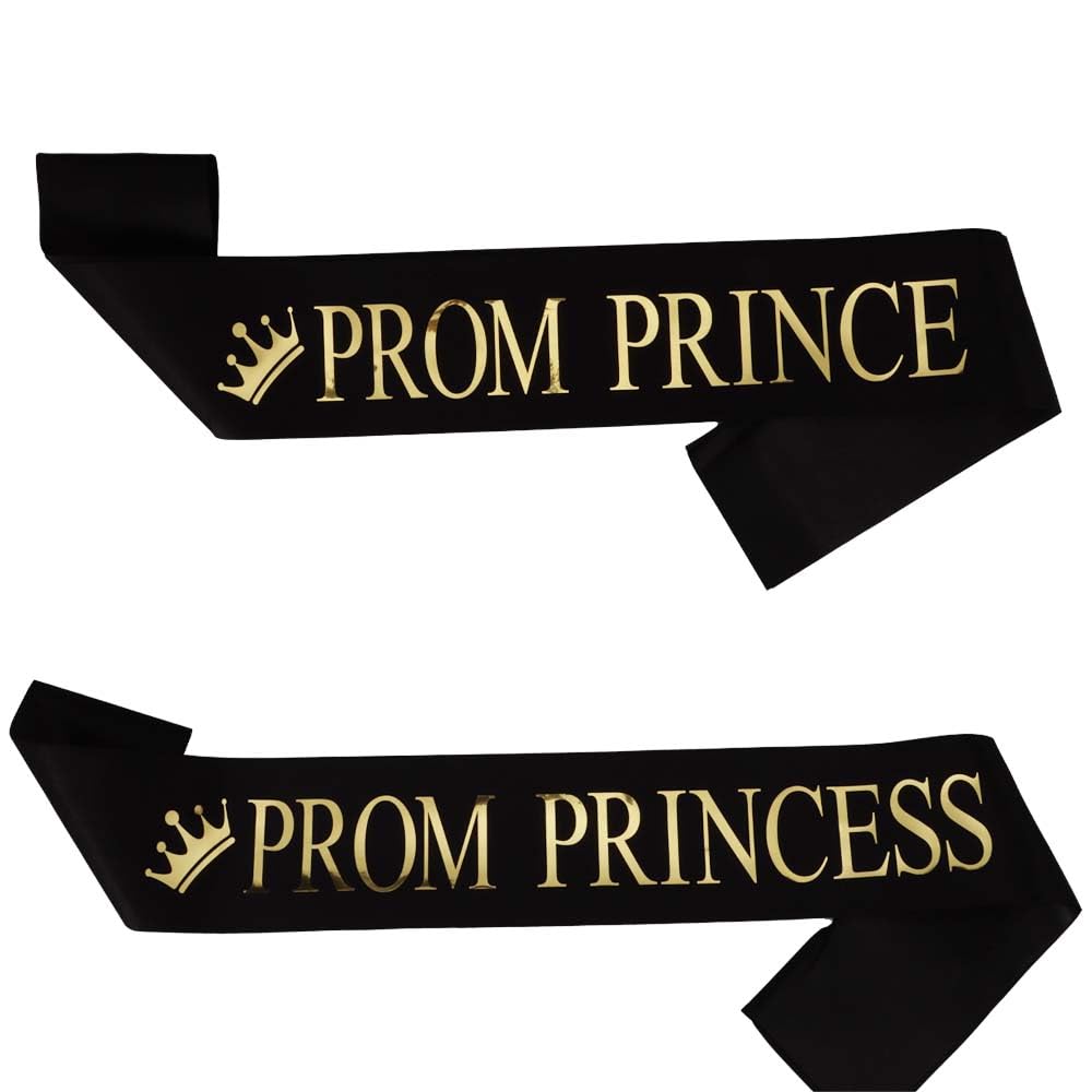 Black Prom Prince for Boys and Princess Sashes for Girls Gold Text Prom Accessory Decorations for Teens Women Men